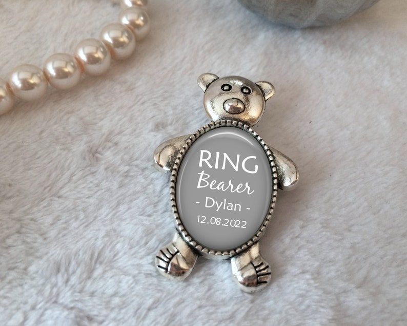 Ring Bearer Gift, Personalized Pin for Ring Bearer, Groom's Attendant Boutonniere Pin, Teddy Bear Pin, Ring Security Pin, Bridal Party Gift image 1