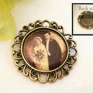 Groom Boutonniere Lapel Pin, Photo Memorial Pin, Bridal Bouquet Charm, Personalized Memorial Charm, Antique Bronze image 7