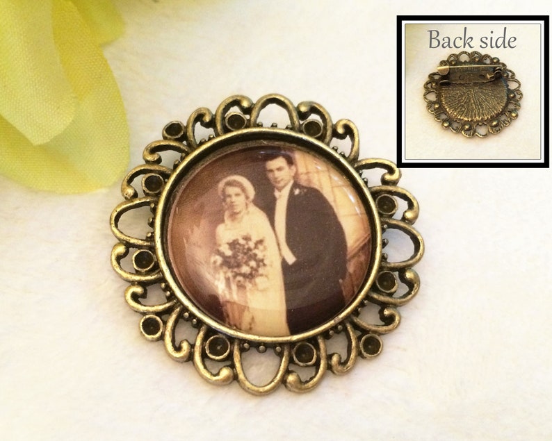 Groom Boutonniere Lapel Pin, Photo Memorial Pin, Bridal Bouquet Charm, Personalized Memorial Charm, Antique Bronze image 7
