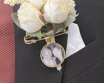 Broche souvenir pour boutonnière, breloque photo pour revers, breloque souvenir pour bouquet, broche commémorative avec photo, argent/or/bronze