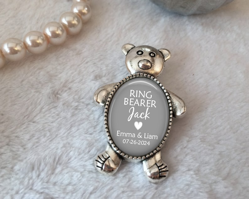 Ring Bearer Gift, Personalized Pin for Ring Bearer, Groom's Attendant Boutonniere Pin, Teddy Bear Pin, Ring Security Pin, Bridal Party Gift image 3