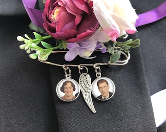 Custom Photo Boutonniere Lapel Pin with 1 to 5 Charms and 2 Metal Finishes, Personalized Memorial Gift, In Memory Groom Gift from Bride