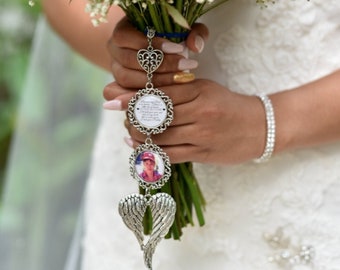 Bouquet Charm, Bridal Bouquet Charm, Memorial Photo Charm, Custom Photo & Wording, 1 to 4 pendants, Angel Wing, Beautiful Memories Quote