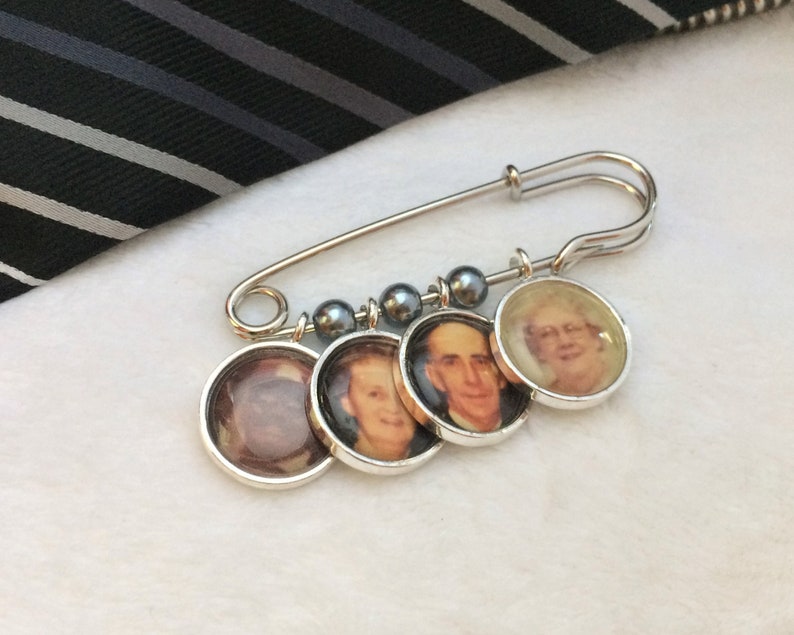 Groom Memory Pin, Boutonniere Charm, Bridal Bouquet Charm, Custom Photo Memorial Pin, Wedding, Loss of Loved One, 1 to 6 photos 