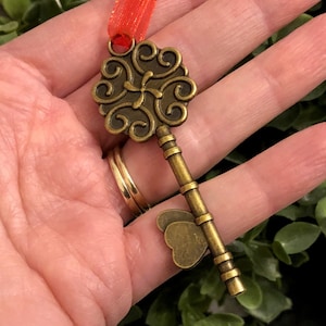 May include: An antique-style key pendant with an ornate, swirling design on the head and a butterfly-shaped detail. The key is a bronze colour and is attached to a red ribbon. The key is held in a hand.