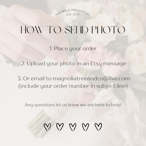 May include: An informational graphic with the text: MAGNOLIA TREE AND CO. EST. 2013, HOW TO SEND PHOTO, 1. Place your order, 2. Upload your photo in an Etsy message, 3. Or email to magnoliatreeandco@live.com, Any questions let us know we are here to help!