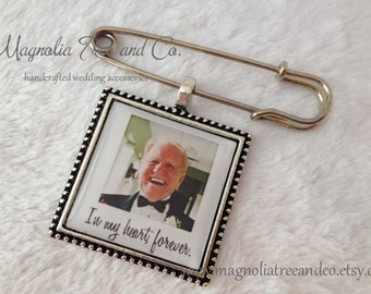 Lapel Pin, Boutonniere, Bridal Bouquet Charm, Custom photo, Memorial Charm, Groom, Wedding, Tuxedo, In My Heart Forever, Silver LP14