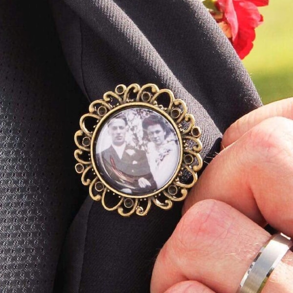 Épinglette de boutonnière de marié, épinglette commémorative photo, broche commémorative personnalisée, bronze ou argent