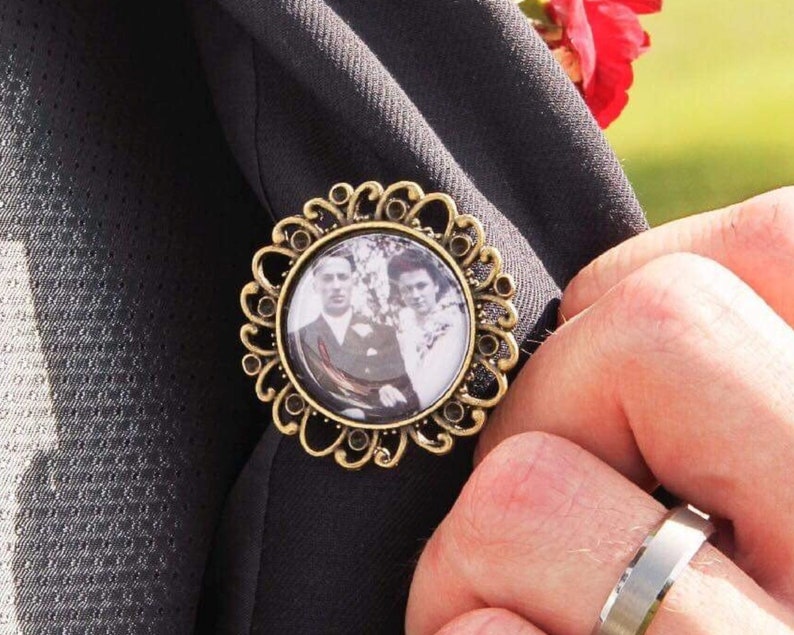 Groom Boutonniere Lapel Pin, Photo Memorial Pin, Bridal Bouquet Charm, Personalized Memorial Charm, Antique Bronze 