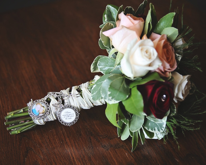Custom Photo /& Text Bridal Bouquet Charm Groom Boutonniere Memorial Charm Single or Double Sided Photo Memorial Charm Pin