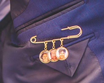 Épingle de mémoire de marié, charme de boutonnière d'or, charme de bouquet de mariée, broche commémorative de photo personnalisée, mariage, perte d'un être cher, 1 à 3 pendentifs