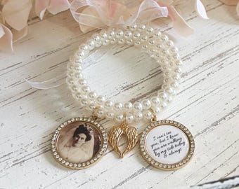 Pearl Wedding Bouquet Photo Charm, Gold Bridal Bouquet Charm, Memorial Photo Charm