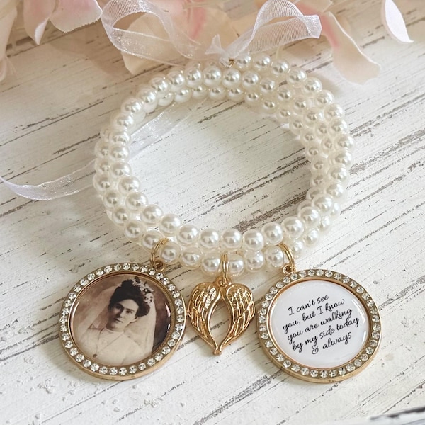 Pearl Wedding Bouquet Photo Charm, Gold Bridal Bouquet Charm, Memorial Photo Charm
