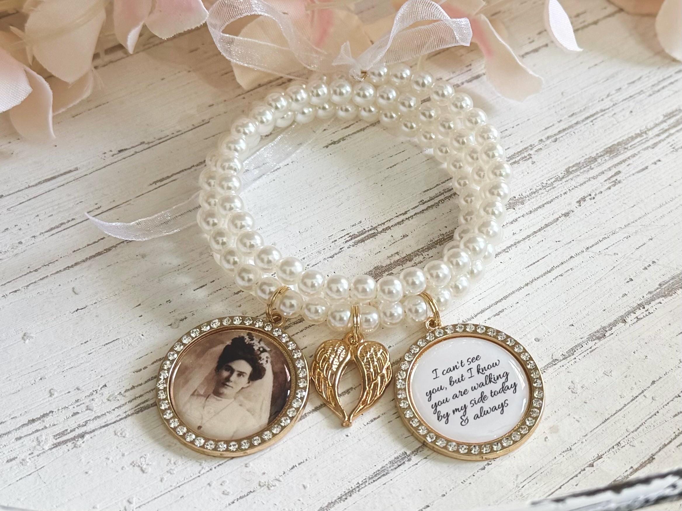 Pearl Wedding Bouquet Photo Charm, Gold Bridal Bouquet Charm, Memorial Photo Charm