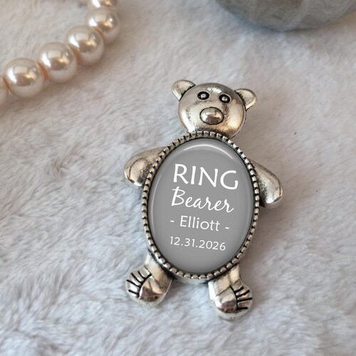 Ring Bearer Gift, Personalized Pin for Ring Bearer, Groom's Attendant Boutonniere Pin, Teddy Bear Pin, Ring Security Pin, Wedding Party Gift
