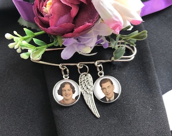 Groom Memory Pin, Silver Boutonniere Charm, Bridal Bouquet Charm, Custom Photo Memorial Pin, Wedding, Loss of Loved One, 1 to 3 pendants