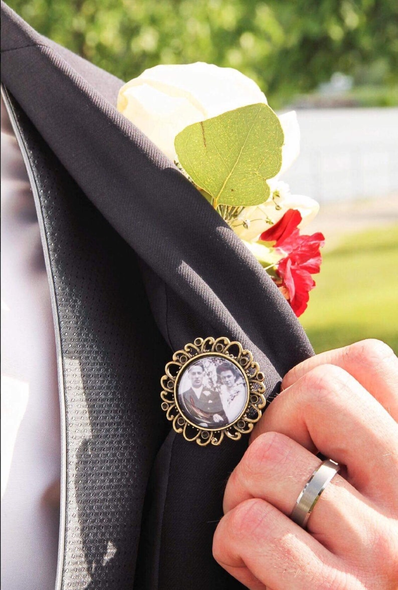 Groom Boutonniere Lapel Pin, Photo Memorial Pin, Bridal Bouquet Charm, Personalized Memorial Charm, Antique Bronze image 6