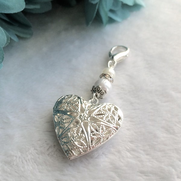 Heart Locket Wedding Bouquet Charm, Bridal Charm, Memorial Charm, Pendant, Heart Wedding Charm, Shower Gift, Something Blue