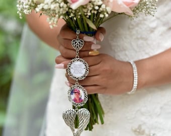 Bridal Bouquet Memorial Photo Charm with Angel Wings, Custom Wedding Keepsake