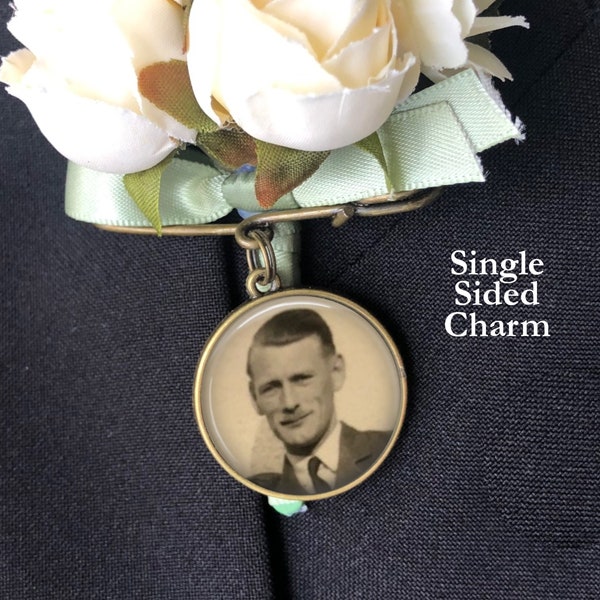 Wedding Bouquet Photo Charm, Memorial Pin, Groom Boutonniere, Bridal Bouquet Charm, Wedding Memorial Charm, Single Sided Bronze/Silver/Gold