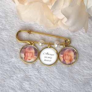 Groom Memory Pin, Boutonniere Charm, Bridal Bouquet Charm, Custom Photo Memorial Pin, Wedding, Loss of Loved One, 1 to 6 photos GOLD