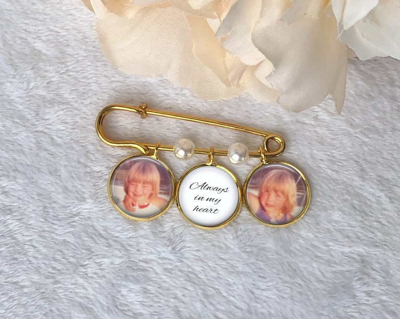 Groom Memory Pin, Boutonniere Charm, Bridal Bouquet Charm, Custom Photo Memorial Pin, Wedding, Loss of Loved One, 1 to 6 photos GOLD image 1