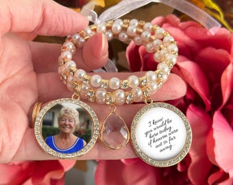 Personalized Bridal Bouquet Photo Charm: Gold, Pearl, Rhinestone Memorial Keepsake