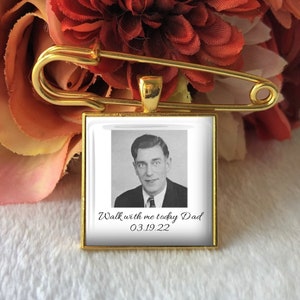 Memorial Pin for Groom, Groom Boutonniere, Bouquet Memorial Charm, Wedding Memorial Charm, Dad walk with me today, Gold image 2