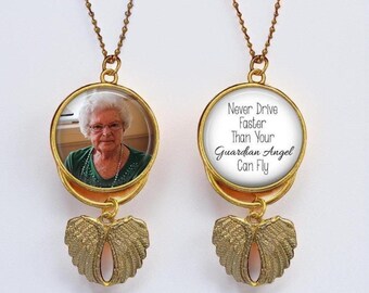 Personalized Memorial Rear View Mirror Charm, Photo Keepsake with Angel Wings