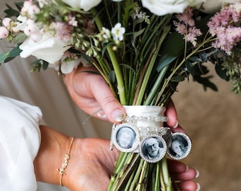 Personalized Photo Bouquet Charm Bracelet, Pearl Rhinestone Wedding Keepsake for Bride