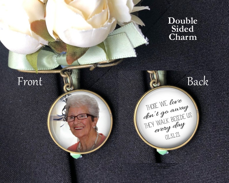 Groom Boutonniere Pin, Wedding Bouquet Photo Charm, Memorial Pin, Bridal Bouquet Charm, Wedding Memorial Charm, Bronze or Silver image 2