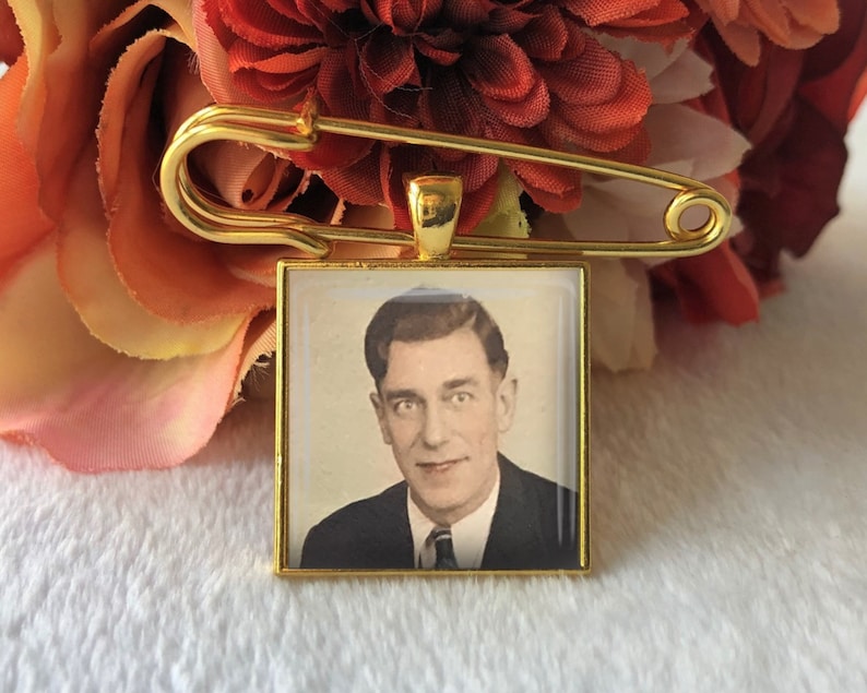 Memorial Pin for Groom, Groom Boutonniere, Bouquet Memorial Charm, Wedding Memorial Charm, Dad walk with me today, Gold image 3
