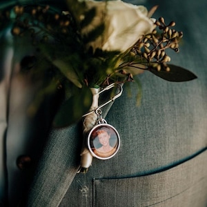 Wedding Bouquet Photo Charm, Memorial Pin, Groom Boutonniere, Bridal Bouquet Charm, Wedding Memorial Charm, Bronze, Silver or Gold Silver - 2 photos