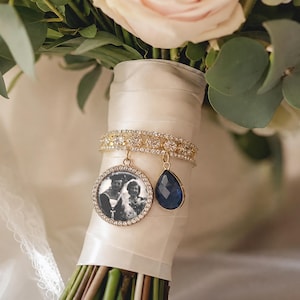 Gold Bridal Bouquet Charm, Memorial Photo Charm, Wedding Keepsake, Something Blue Accessory