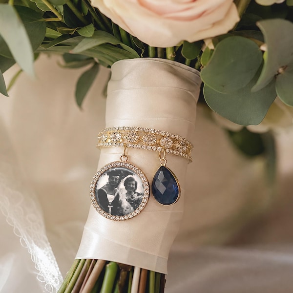 Gold Bridal Bouquet Charm, Memorial Photo Charm, Wedding Keepsake, Something Blue Accessory