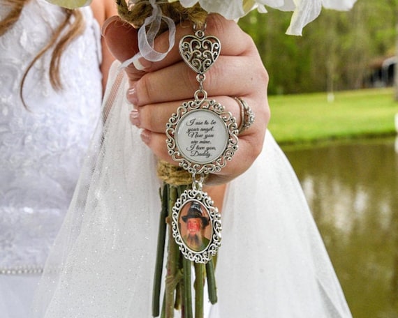 Bridal Bouquet Charm, Personalized Wedding Bouquet Charm, Photo Memorial Charm, Custom Photo & Wording, 1 to 4 Pendants, Dad Memory Charm