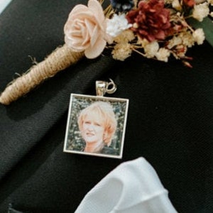 Groom Memorial Charm, Bouquet Charm, Memorial Photo Pin, Wedding Bouquet Charm, Boutonniere Charm, Silver Pendant