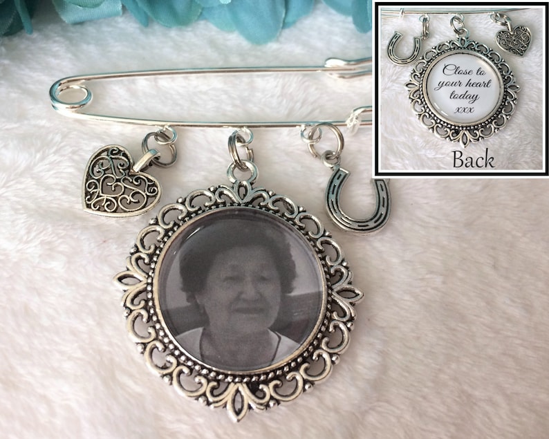 Custom Photo /& Text Bridal Bouquet Charm Groom Boutonniere Memorial Charm Single or Double Sided Photo Memorial Charm Pin