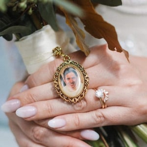 Charm photo bouquet de la mariée doré, épingle à boutonnière commémorative, souvenir de mariage