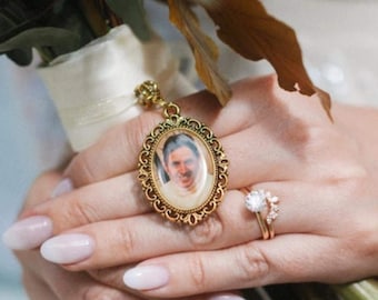 Gold Bridal Bouquet Photo Charm, Memorial Boutonniere Pin, Wedding Keepsake