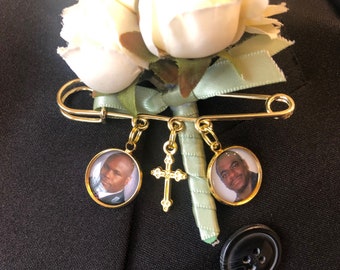 Groom Memorial Photo Pin, Bridal Bouquet Charm, Personalized Wedding Boutonnière Pin, Loss of Loved One