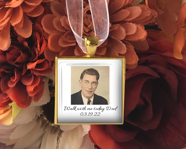 Memorial Pin for Groom, Groom Boutonniere, Bouquet Memorial Charm, Wedding Memorial Charm, Dad walk with me today, Gold image 1