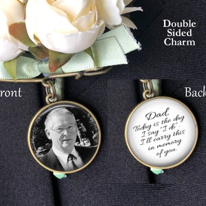 Wedding Bouquet Photo Charm, Memorial Pin, Groom Boutonniere, Bridal Bouquet Charm, Wedding Memorial Charm, Bronze, Silver or Gold image 1