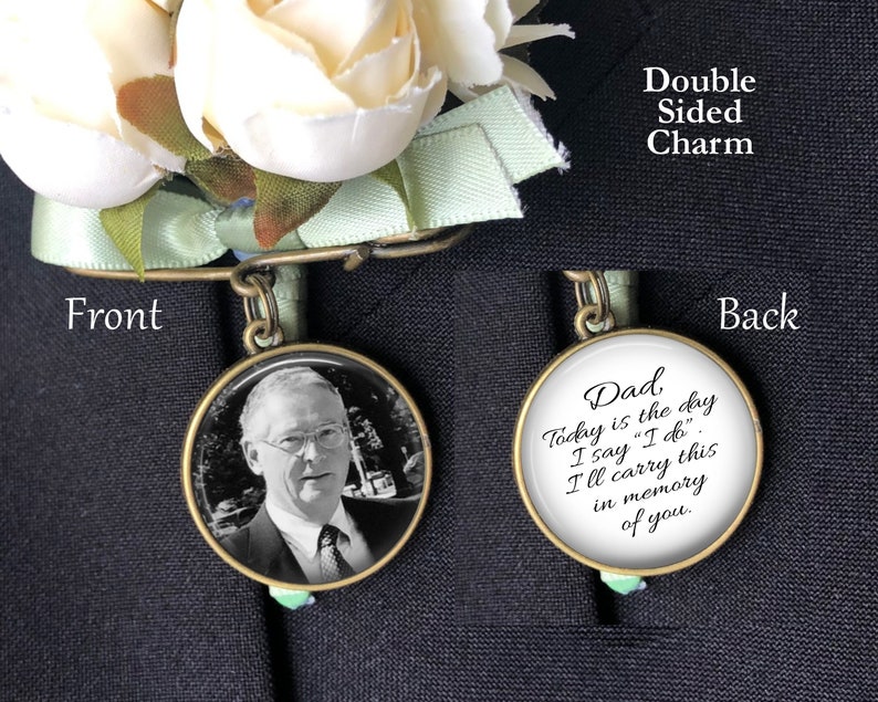 Wedding Bouquet Photo Charm, Memorial Pin, Groom Boutonniere, Bridal Bouquet Charm, Wedding Memorial Charm, Bronze, Silver or Gold Bronze - White