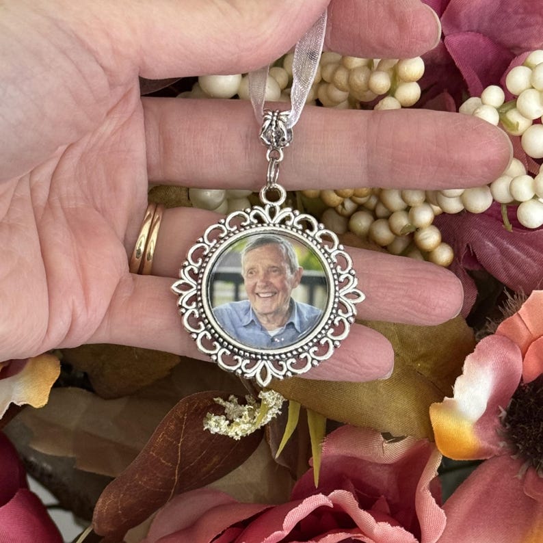 Photo Bouquet Memorial Charm, Double Sided Bridal Wedding Pendant, Custom Text image 7