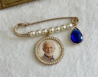 Gold Pearl Memorial Bouquet Charm Pin, Bridal Photo Keepsake, Something Blue
