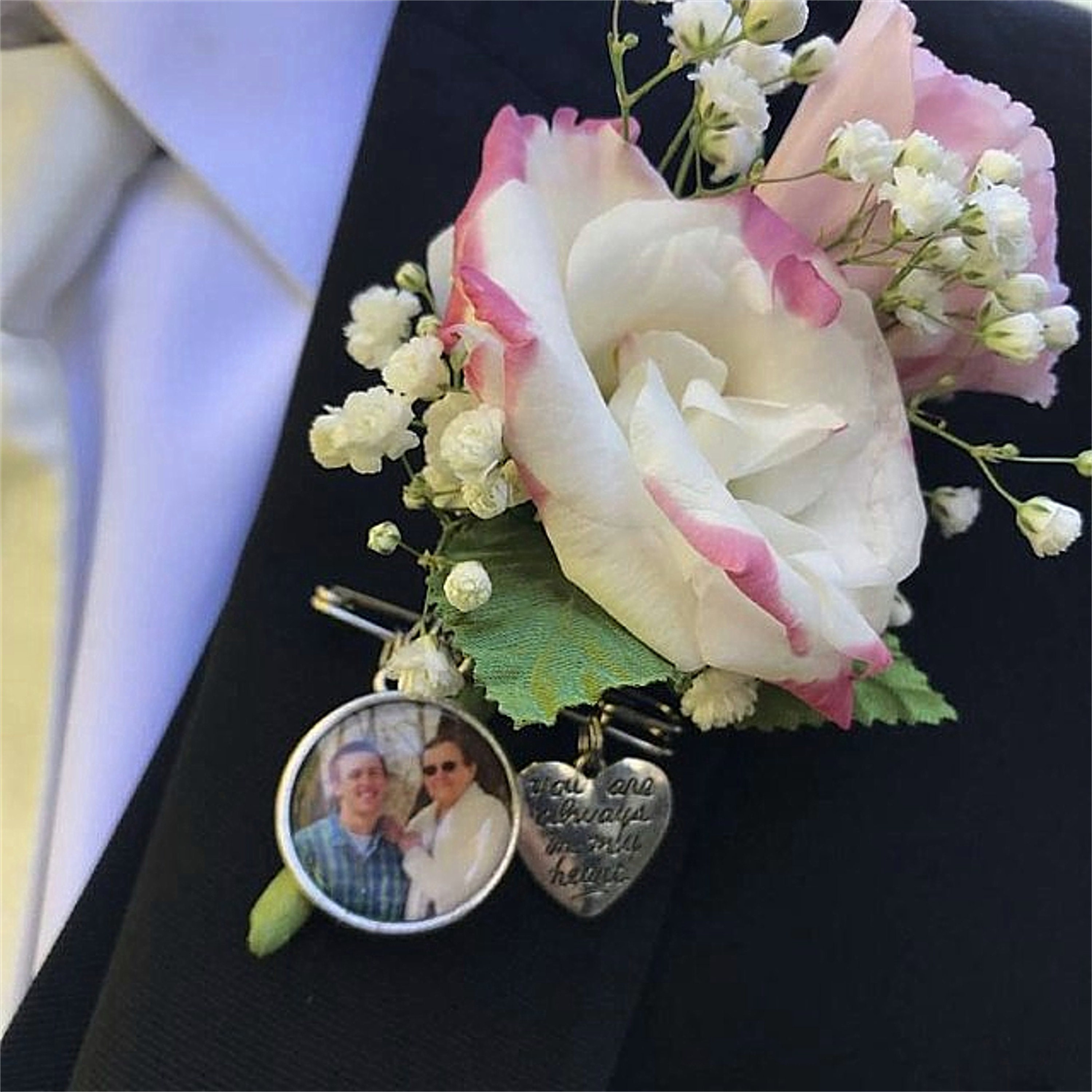 Bridal memory memorial photo charm bouquet buttonhole flower wedding bride groom 