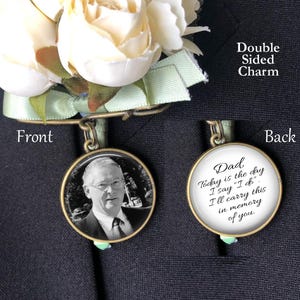 Wedding Bouquet Photo Charm, Memorial Pin, Groom Boutonniere, Bridal Bouquet Charm, Wedding Memorial Charm, Bronze, Silver or Gold
