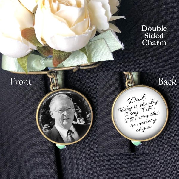 Groom Memorial Photo Pin, Groom Boutonniere, Bridal Bouquet Charm, Wedding Memorial Charm, Bronze, Silver or Gold