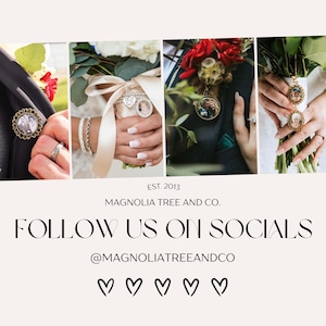 May include: A collage of four wedding photos featuring gold-toned photo charms attached to bouquets and lapels. Text reads: EST. 2013 MAGNOLIA TREE AND CO. FOLLOW US ON SOCIALS @MAGNOLIATREEANDCO with five heart icons below the text.